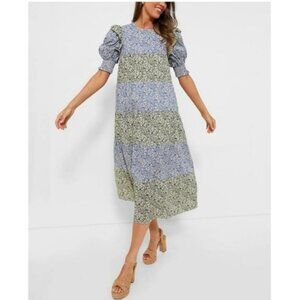 💙HYACINTH HOUSE Green & Blue FloralBarton Midi Dress M💚